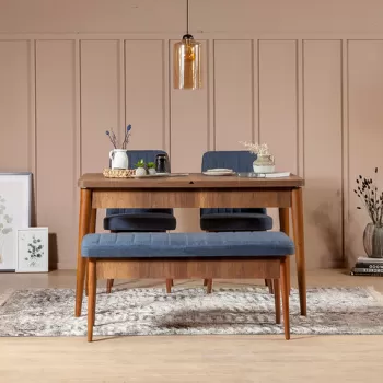 Set masa si scaune 4 piese, Vella, Vina 1048, PAL, Nuc / Albastru inchis imagine