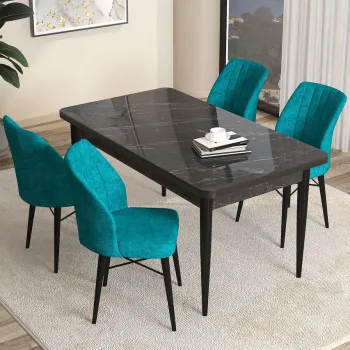 Set masa si scaune (5 bucati), Hanah Home, Arp, Marmura neagra / Turcoaz imagine