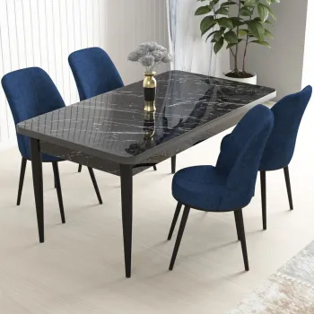 Set masa si scaune (5 bucati), Hanah Home, Nil, Marmura neagra / Albastru marin imagine