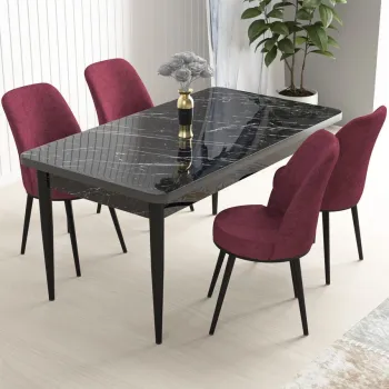 Set masa si scaune (5 bucati), Hanah Home, Nil, Marmura neagra / Burgundia imagine