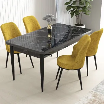 Set masa si scaune (5 bucati), Hanah Home, Nil, Marmura neagra / Mustar imagine