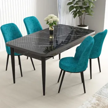 Set masa si scaune (5 bucati), Hanah Home, Nil, Marmura neagra / Turcoaz imagine
