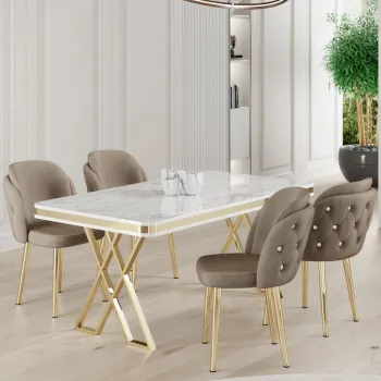 Set masa si scaune (5 bucati), Hanah Home, Rigel, Alb / Auriu / Cappuccino imagine