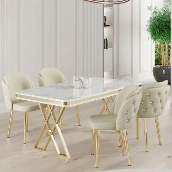 Set masa si scaune (5 bucati), Hanah Home, Rigel, Alb / Auriu / Crem imagine