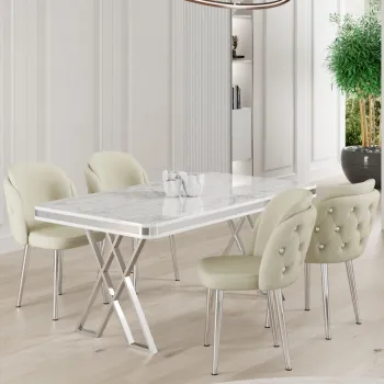 Set masa si scaune (5 bucati), Hanah Home, Rigel, Alb / Crom / Crem imagine