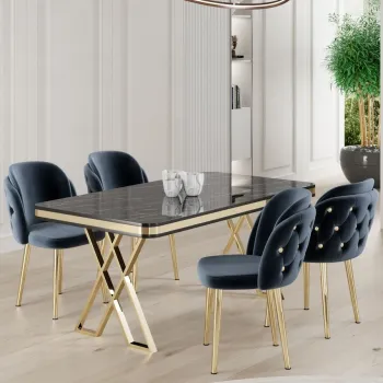 Set masa si scaune (5 bucati), Hanah Home, Rigel, Marmura neagra / Auriu / Antracit imagine