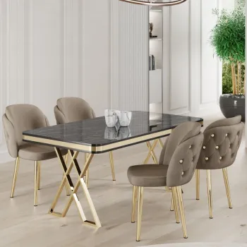 Set masa si scaune (5 bucati), Hanah Home, Rigel, Marmura neagra / Auriu / Cappuccino imagine