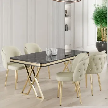Set masa si scaune (5 bucati), Hanah Home, Rigel, Marmura neagra / Auriu / Crem imagine