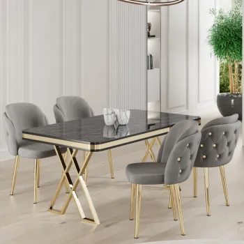 Set masa si scaune (5 bucati), Hanah Home, Rigel, Marmura neagra / Auriu / Gri imagine