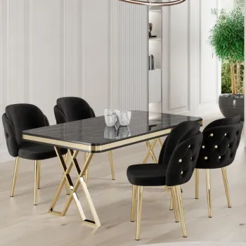 Set masa si scaune (5 bucati), Hanah Home, Rigel, Marmura neagra / Auriu / Negru imagine