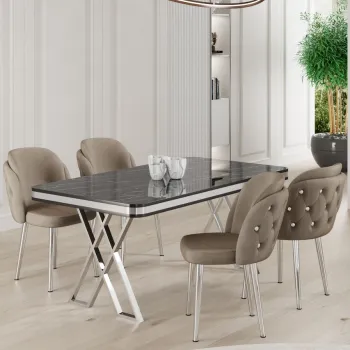 Set masa si scaune (5 bucati), Hanah Home, Rigel, Marmura neagra / Crom / Cappuccino imagine