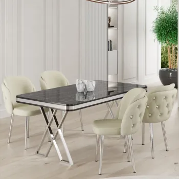 Set masa si scaune (5 bucati), Hanah Home, Rigel, Marmura neagra / Crom / Crem imagine