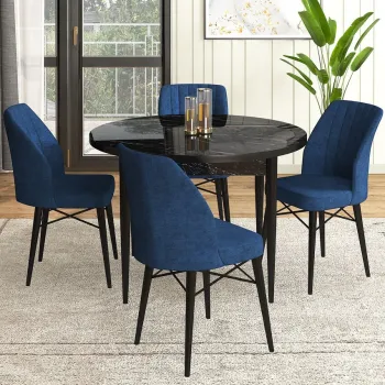 Set masa si scaune (5 bucati), Hanah Home, Rox, Marmura neagra / Albastru marin imagine