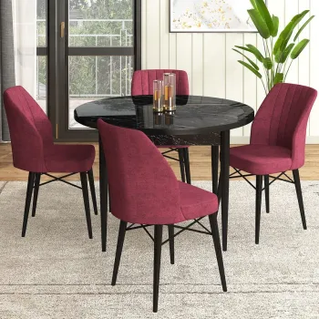 Set masa si scaune (5 bucati), Hanah Home, Rox, Marmura neagra / Burgundia imagine