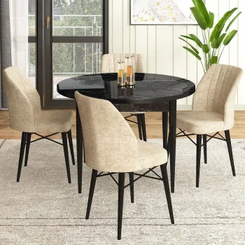 Set masa si scaune (5 bucati), Hanah Home, Rox, Marmura neagra / Crem imagine