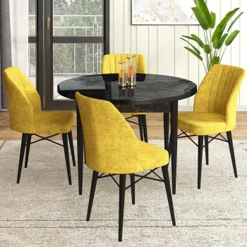 Set masa si scaune (5 bucati), Hanah Home, Rox, Marmura neagra / Mustar imagine