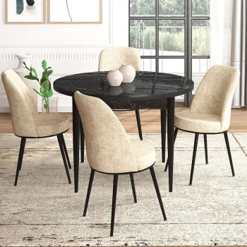 Set masa si scaune (5 bucati), Hanah Home, Tor, Marmura neagra / Crem imagine