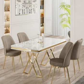 Set masa si scaune (5 bucati), Hanah Home, Vals, Alb / Auriu / Cappuccino imagine