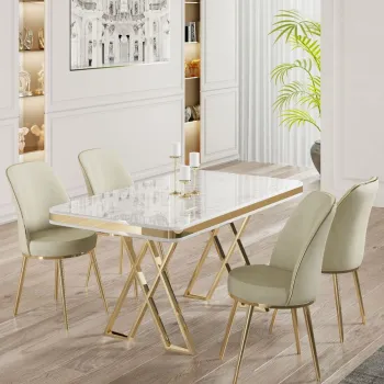 Set masa si scaune (5 bucati), Hanah Home, Vals, Alb / Auriu / Crem imagine