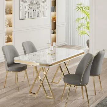 Set masa si scaune (5 bucati), Hanah Home, Vals, Alb / Auriu / Gri imagine