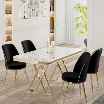 Set masa si scaune (5 bucati), Hanah Home, Vals, Alb / Auriu / Negru imagine