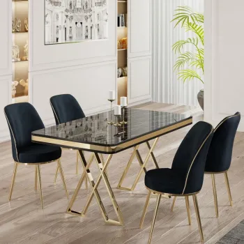 Set masa si scaune (5 bucati), Hanah Home, Vals, Marmura neagra / Auriu / Antracit imagine