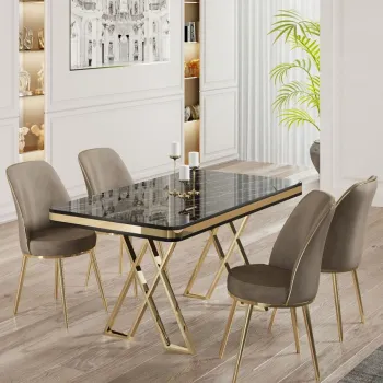 Set masa si scaune (5 bucati), Hanah Home, Vals, Marmura neagra / Auriu / Cappuccino imagine