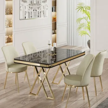 Set masa si scaune (5 bucati), Hanah Home, Vals, Marmura neagra / Auriu / Crem imagine