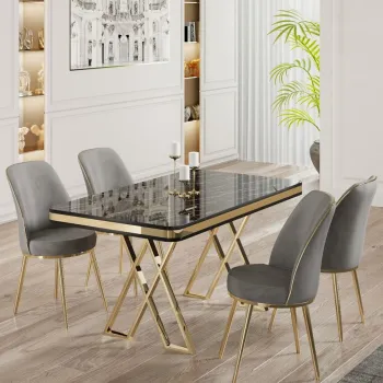 Set masa si scaune (5 bucati), Hanah Home, Vals, Marmura neagra / Auriu / Gri imagine