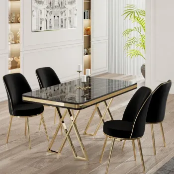Set masa si scaune (5 bucati), Hanah Home, Vals, Marmura neagra / Auriu / Negru imagine