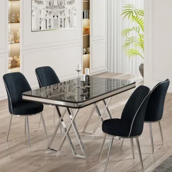 Set masa si scaune (5 bucati), Hanah Home, Vals, Marmura neagra / Crom / Antracit imagine