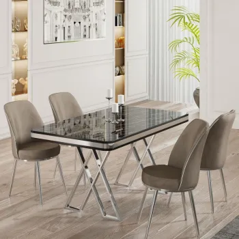 Set masa si scaune (5 bucati), Hanah Home, Vals, Marmura neagra / Crom / Cappuccino imagine