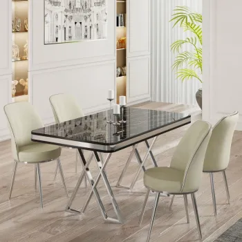 Set masa si scaune (5 bucati), Hanah Home, Vals, Marmura neagra / Crom / Crem imagine