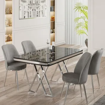 Set masa si scaune (5 bucati), Hanah Home, Vals, Marmura neagra / Crom / Gri imagine