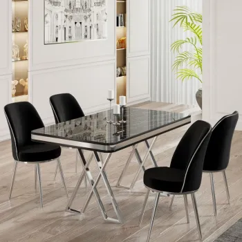 Set masa si scaune (5 bucati), Hanah Home, Vals, Marmura neagra / Crom / Negru imagine