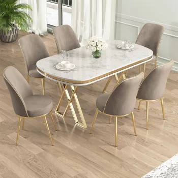 Set masa si scaune (7 piese), Hanah Home, Lai, Alb / Auriu / Cappuccino imagine