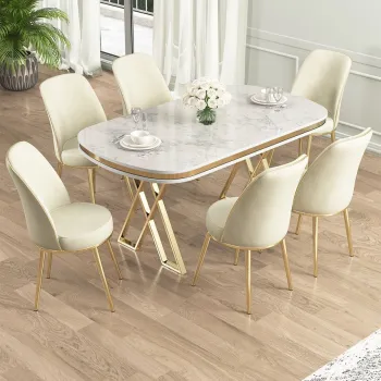 Set masa si scaune (7 piese), Hanah Home, Lai, Alb / Auriu / Crem imagine