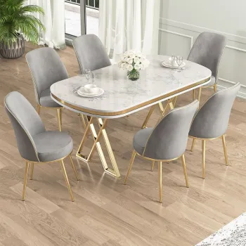 Set masa si scaune (7 piese), Hanah Home, Lai, Alb / Auriu / Gri imagine