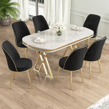 Set masa si scaune (7 piese), Hanah Home, Lai, Alb / Auriu / Negru imagine