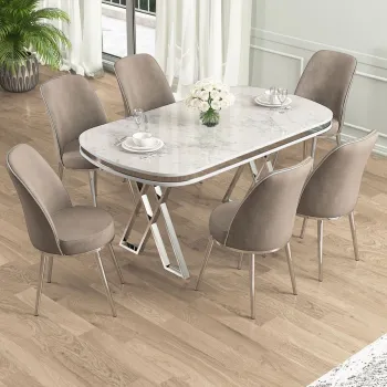 Set masa si scaune (7 piese), Hanah Home, Lai, Alb / Crom / Cappuccino imagine