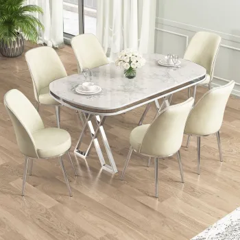 Set masa si scaune (7 piese), Hanah Home, Lai, Alb / Crom / Crem imagine