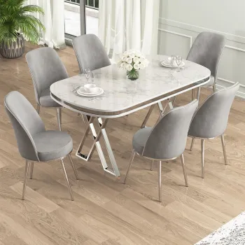 Set masa si scaune (7 piese), Hanah Home, Lai, Alb / Crom / Gri imagine