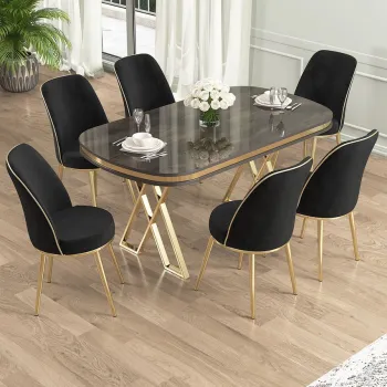 Set masa si scaune (7 piese), Hanah Home, Lai, Antracit / Aur / Negru imagine