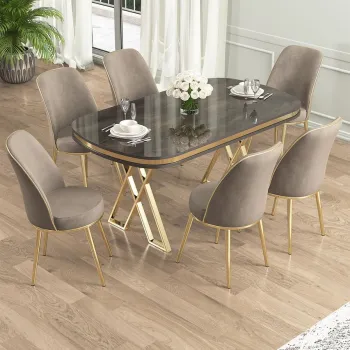 Set masa si scaune (7 piese), Hanah Home, Lai, Antracit / Auriu / Cappuccino imagine