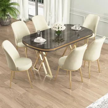 Set masa si scaune (7 piese), Hanah Home, Lai, Antracit / Auriu / Crem imagine