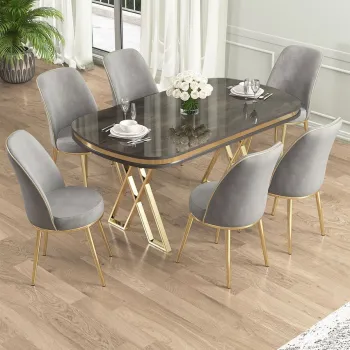 Set masa si scaune (7 piese), Hanah Home, Lai, Antracit / Auriu / Gri imagine