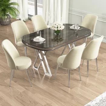 Set masa si scaune (7 piese), Hanah Home, Lai, Antracit / Crom / Crem imagine