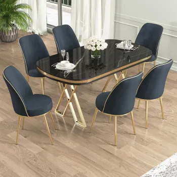 Set masa si scaune (7 piese), Hanah Home, Lai, Marmura neagra / Auriu / Antracit imagine