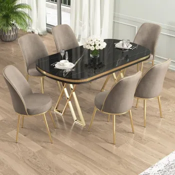 Set masa si scaune (7 piese), Hanah Home, Lai, Marmura neagra / Auriu / Cappuccino imagine