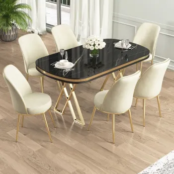Set masa si scaune (7 piese), Hanah Home, Lai, Marmura neagra / Auriu / Crem imagine